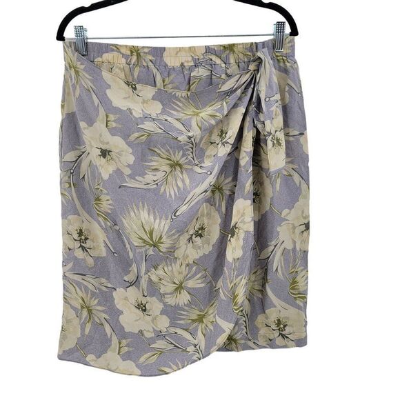 Vintage Silk Faux Wrap Skirt L Lavender Cream Floral Elastic Waist Tea Length - Picture 1 of 8